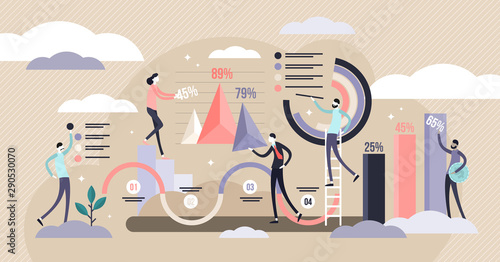 Infographics vector illustration. Flat tiny data charts persons concept.