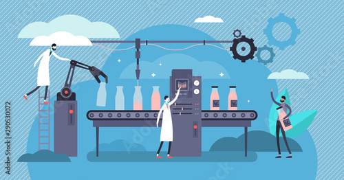 Manufacturing vector illustration. Tiny production factory persons concept.