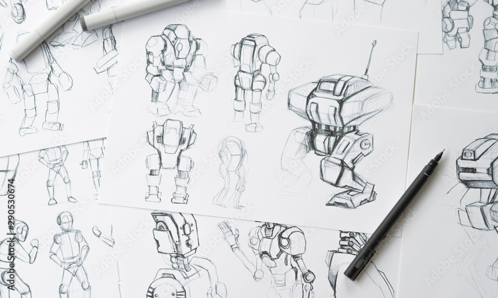 Animator designer Development designing drawing sketching development  creating graphic pose characters sci-fi robot Cartoon illustration animation  video game film production , animation design studio. Stock Photo | Adobe  Stock