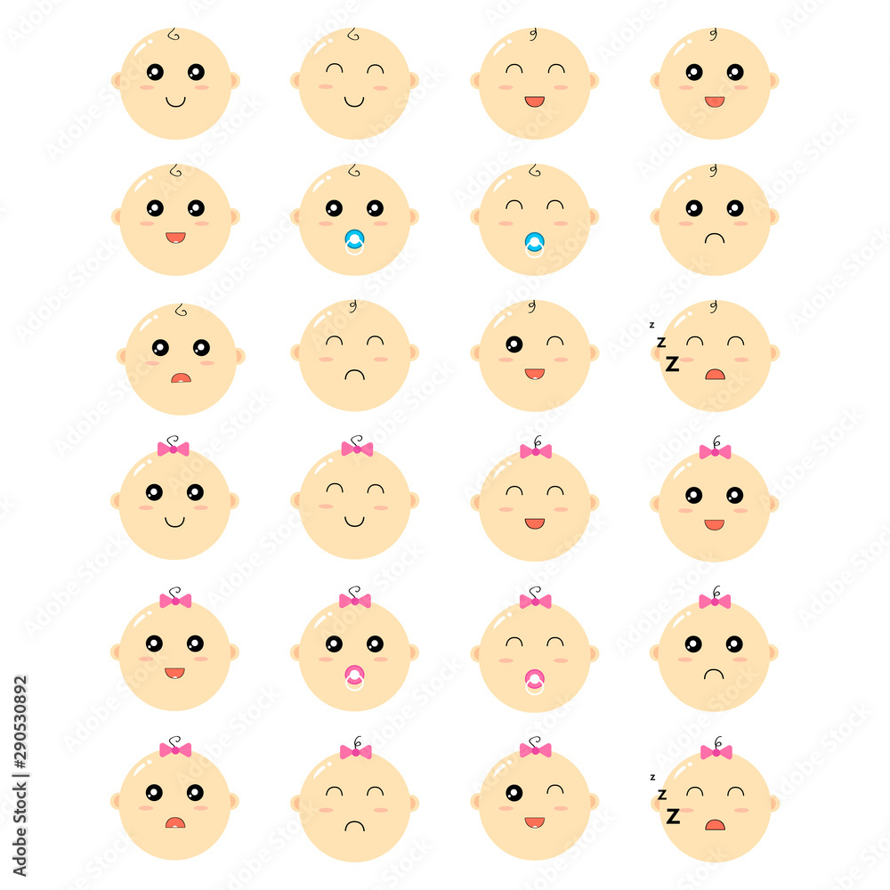 Children's vector. Little girls and boys with different emotions on the face. Cute children with a smiling, laughing, disappointed, displeased and sleeping face. Flat style. Vector illustration Children's vector. Little girls and boys with different emotions on the face. Cute children with a smiling, laughing, disappointed, displeased and sleeping face. Flat style. Vector illustration