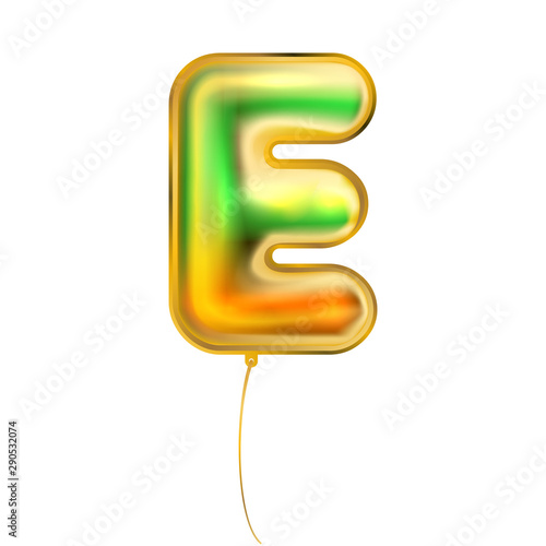 Gold metallic balloon, inflated alphabet symbol E