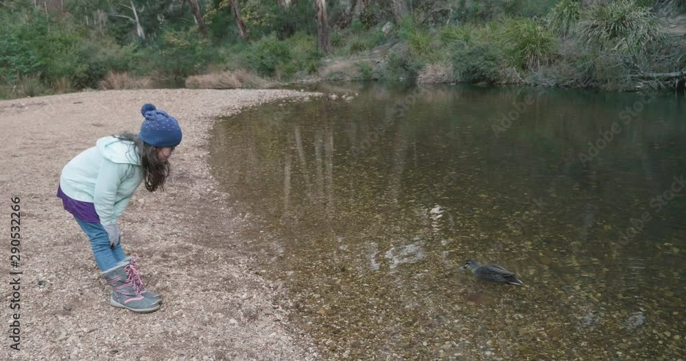 A young girl standing on a stony river bank beach leans over to talk to a duck swimming by then she turns and smiles A young girl standing on a stony river bank beach leans over to talk to a duck swimming by then she turns and smiles