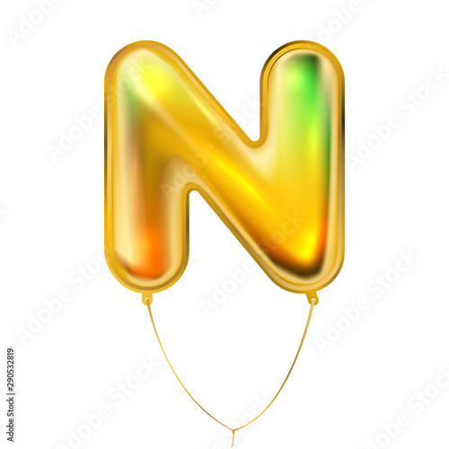 Gold metallic balloon, inflated alphabet symbol N