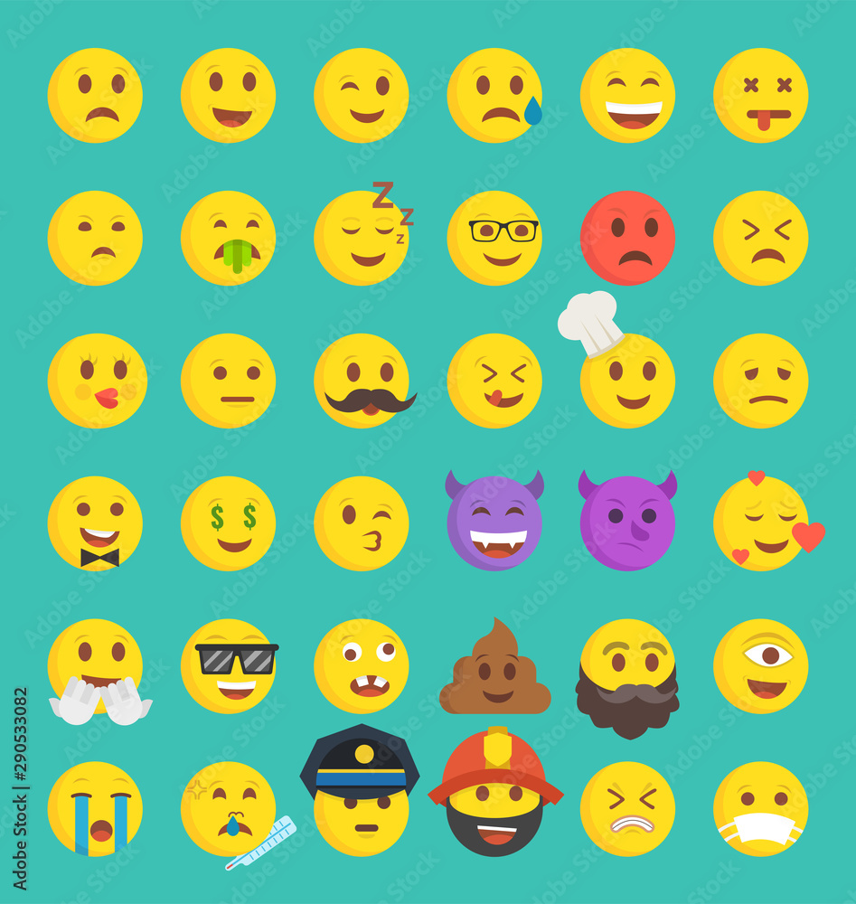 High quality collection of 36 icon of cartoon emoji. Flat vector illustration. High quality collection of 36 icon of cartoon emoji. Flat vector illustration.