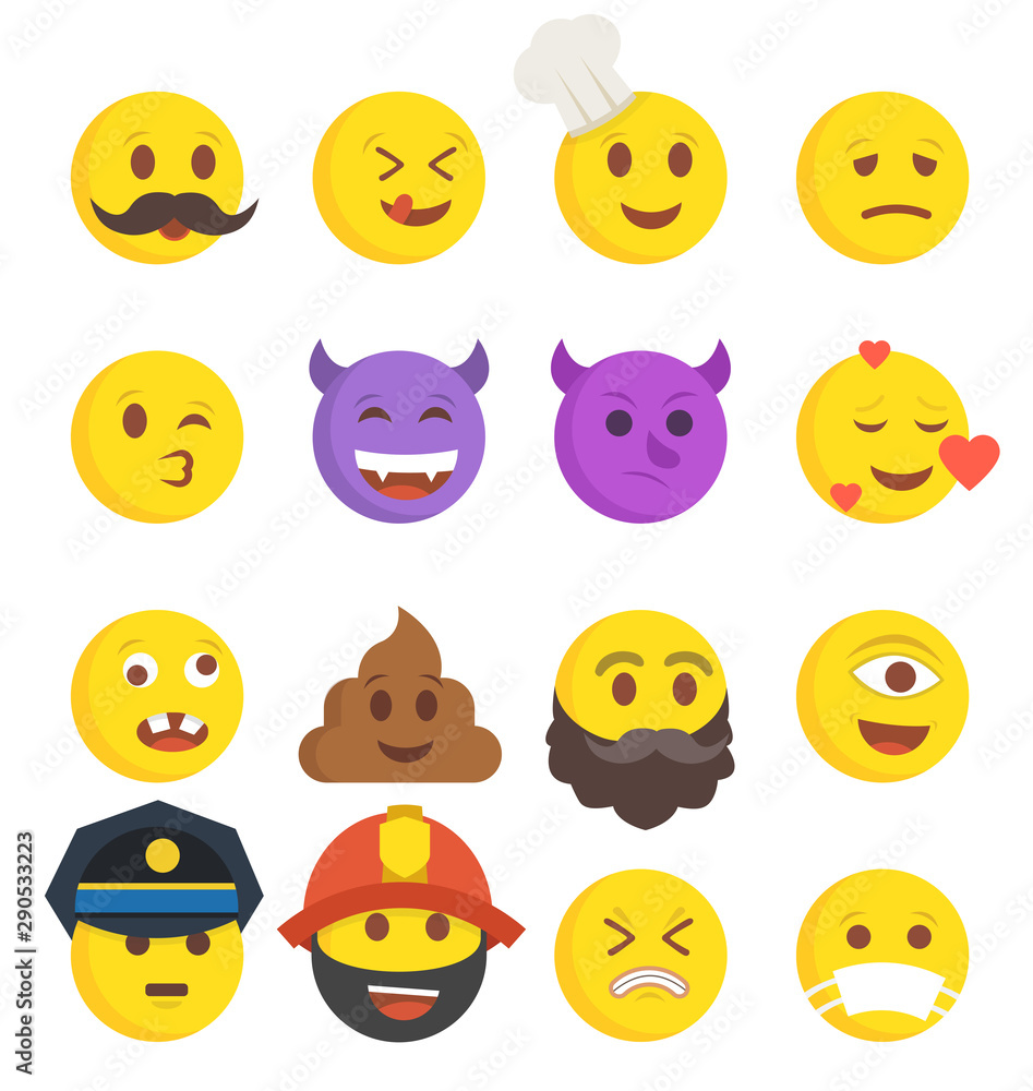 High quality collection of 16 icon of cartoon emoji. Flat vector illustration.