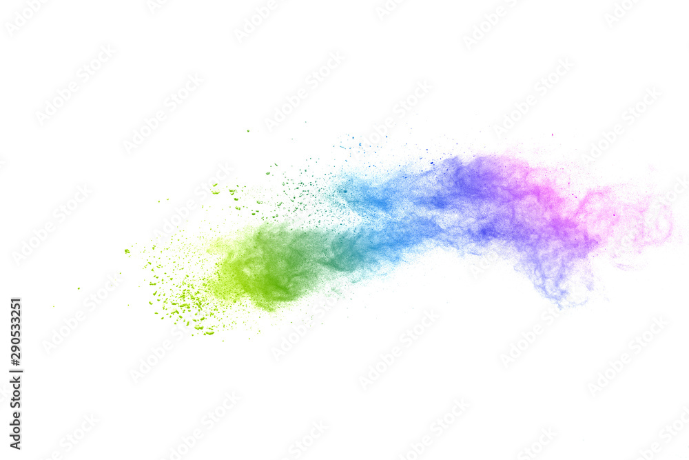 Freeze motion of colorful color powder exploding on white background.  Paint Holi. - obrazy, fototapety, plakaty 