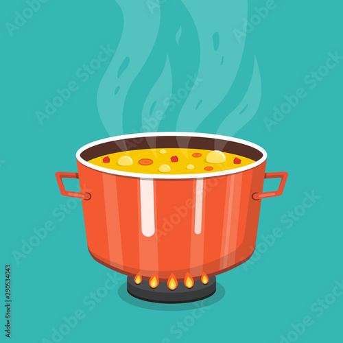 Cooking soup in pan. Pot on stove with steam. Flat cartoon style. Vector illustration.