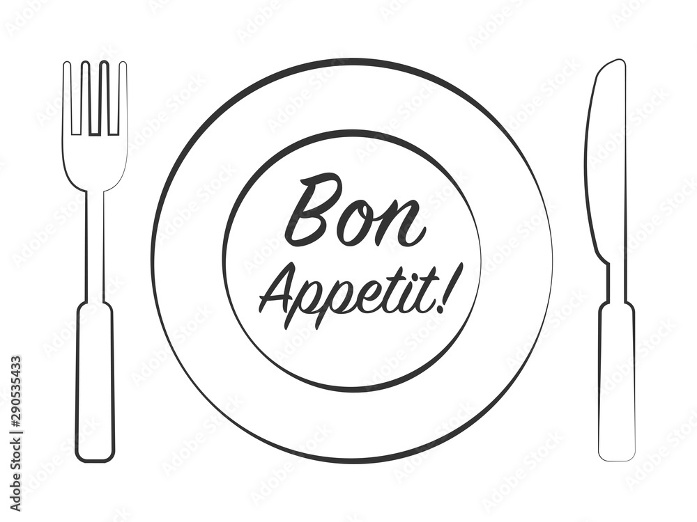 Dinner plate with knife and fork. Bon Appetit Design card. Vector illustration. Dinner plate with knife and fork. Bon Appetit Design card. Vector illustration.