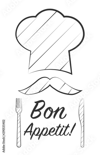Bon Appetit Design card with chef hat and moustache. Vector illustration.
