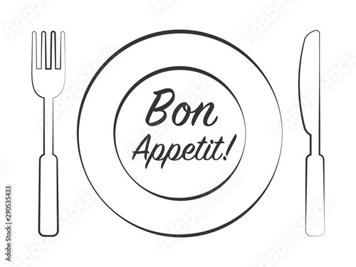 Dinner plate with knife and fork. Bon Appetit Design card. Vector illustration.