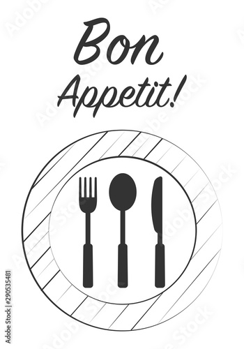 Dinner plate with knife and fork. Bon Appetit Design card. Vector illustration.