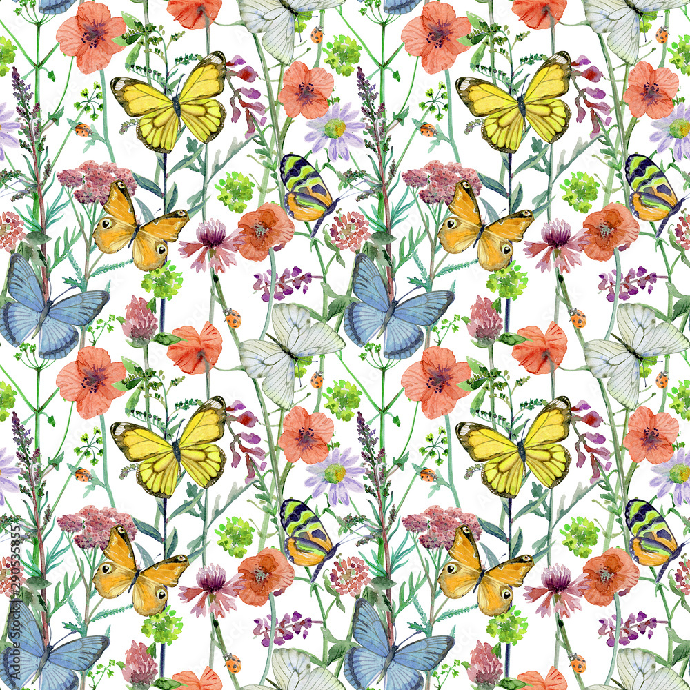 pretty seamless pattern with meadow flora and butterflies on white background. watercolor painting pretty seamless pattern with meadow flora and butterflies on white background. watercolor painting