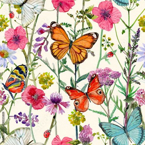 colorful seamless texture with meadow flora and butterflies. watercolor painting