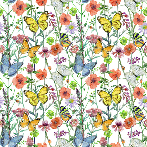 pretty seamless pattern with meadow flora and butterflies on white background. watercolor painting © Aloksa