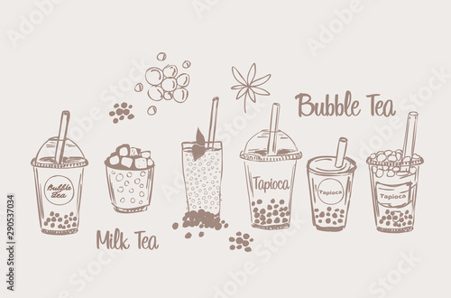 Tapioсa milk bubble tea drink set sketch