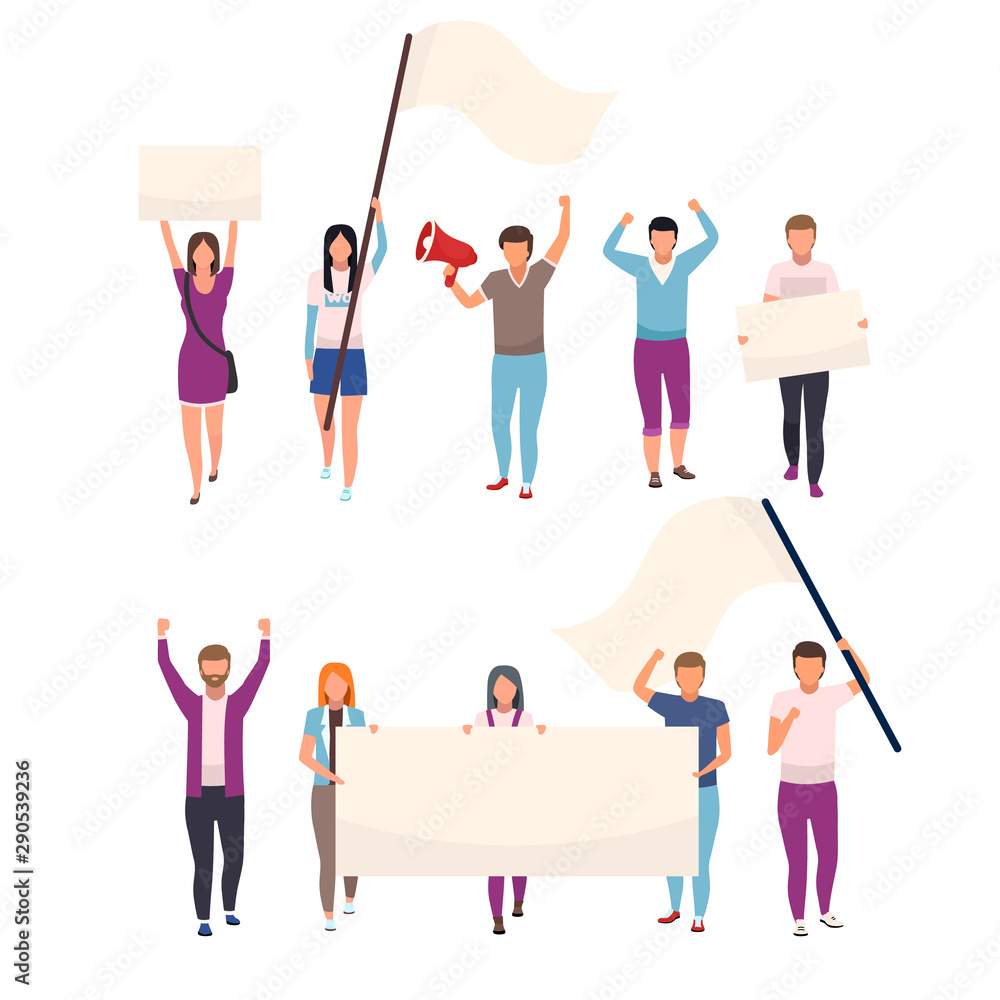 Naklejka premium Protesters with blank placards flat vector characters set. Political protest, social movement participants holding empty banners. Human rights protection manifestation isolated cartoon illustrations