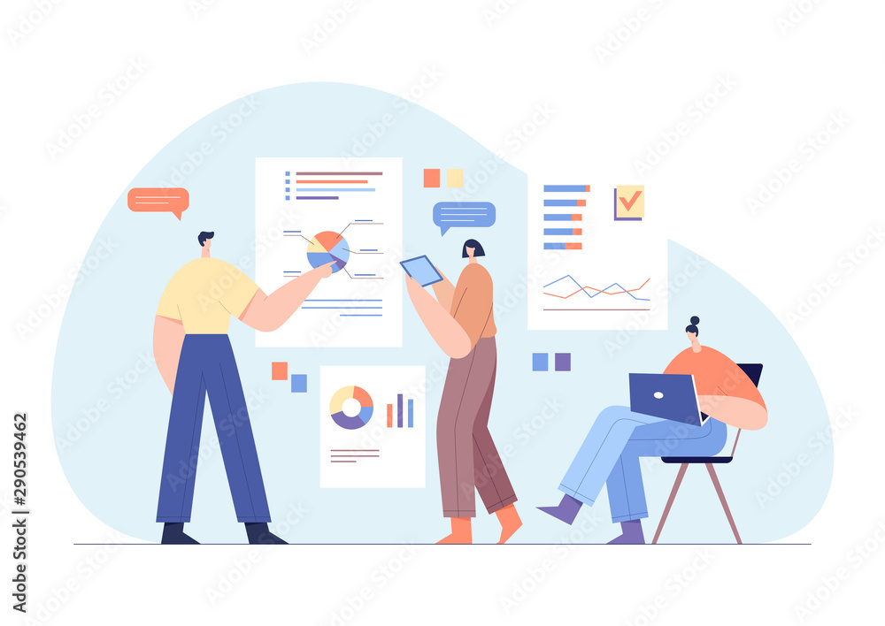Modern businessmen characters interacting with charts and analysing statistics. Customer tracking software, data visualisation. Office work concept, team partnership. Flat vector illustration. Modern businessmen characters interacting with charts and analysing statistics. Customer tracking software, data visualisation. Office work concept, team partnership. Flat vector illustration.