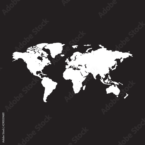 World map vector, isolated on black background. Flat Earth. Globe similar worldmap icon. Travel worldwide, map silhouette backdrop.