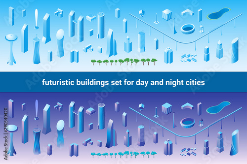 Isometric futuristic buildings set