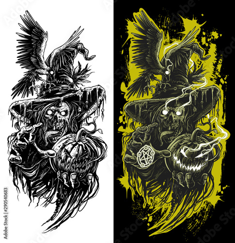 Graphic detailed black and white dark horror green zombie ghost with skull face, raven, red pentargram star and angry halloween pumpkin. Isolated on white background. Tattoo outline. Vector icon.