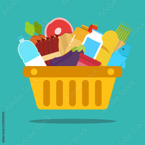 Shopping basket with food and drink products. Concept for online grocery ordering. Vector flat illustration.