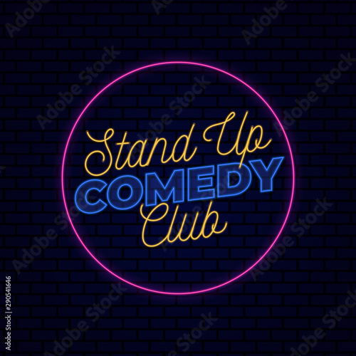 Stand up comedy club board sign logo badge. Retro glowing neon light effect for night entertainment vector illustration on dark brick background design