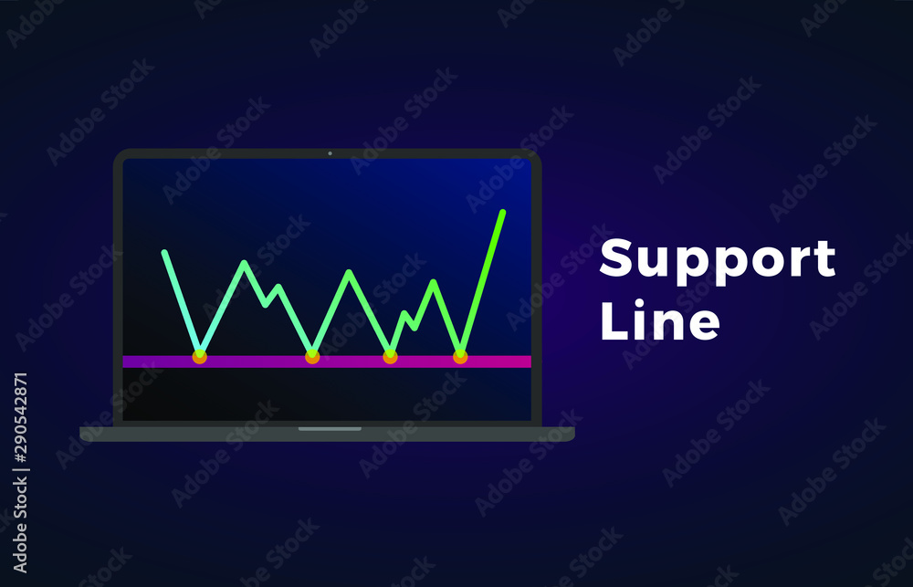 Support line flat icon with laptop and text - chart pattern figure technical analysis. Vector stock and cryptocurrency exchange graph, forex analytics, trading market price.