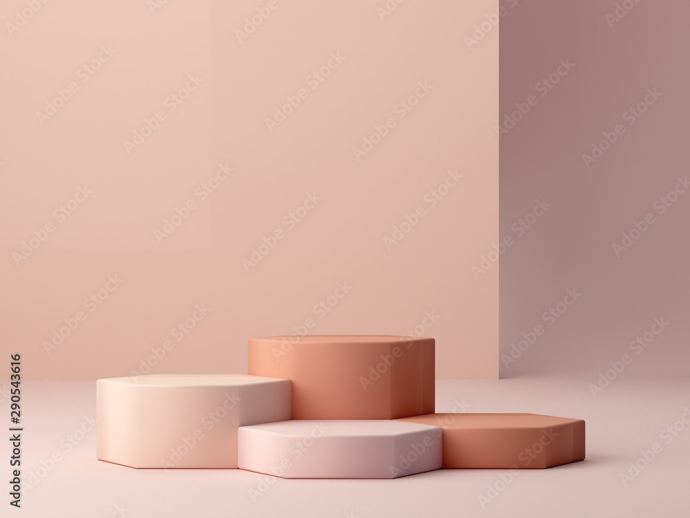 Abstract minimal scene with geometrical forms. Cylinder podiums in cream colors. Abstract background. Scene to show cosmetic podructs. Showcase, shopfront, display case. 3d render.  - obrazy, fototapety, plakaty 