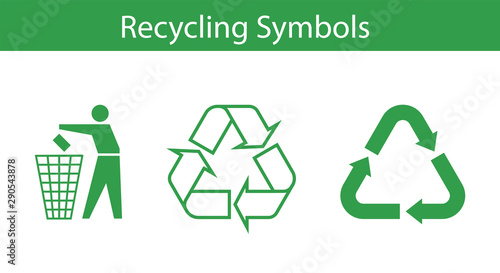 Three recycling symbol icons set - recycle bin and arrows