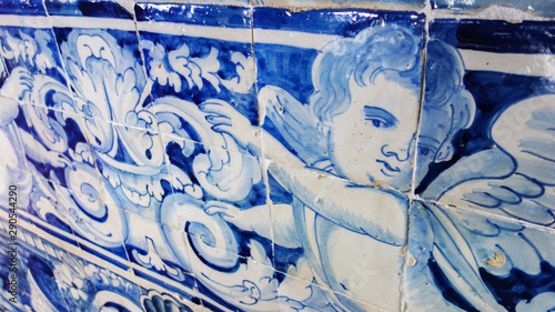 SINTRA, LISBON, PORTUGAL. June 2, 2018: Mosaic of painted tiles in the National Palace of Sintra.