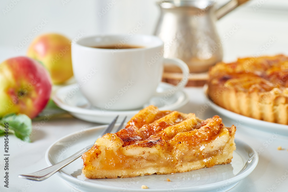 Breakfast with homemade french apple tart and coffee Breakfast with homemade french apple tart and coffee