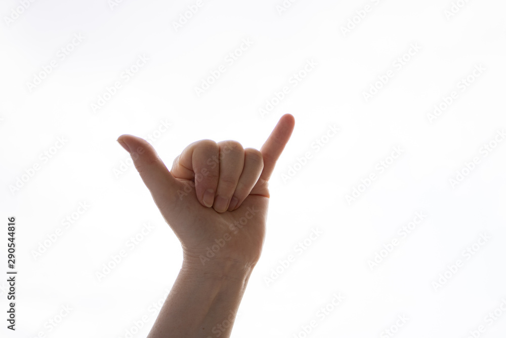 Female hand in show gestures, signs and symbols isolated on white background. Two fingers sticking out and showing the shaka Female hand in show gestures, signs and symbols isolated on white background. Two fingers sticking out and showing the shaka