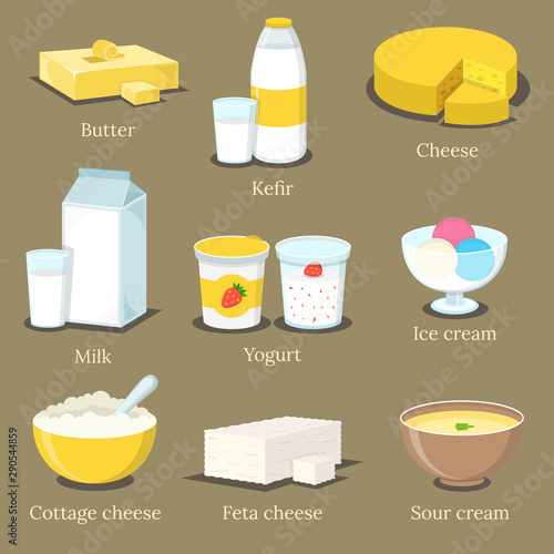 Dairy products set. Butter, Kefir, Cheese, Milk, Strawberry yogurt, Ice cream, Cottage cheese, Feta cheese and Soup cream. Flat vector illustration.