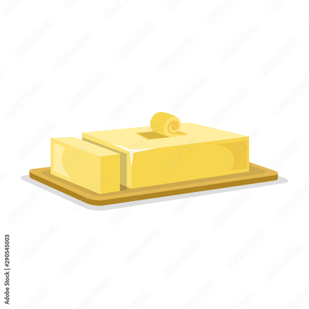 Bar of butter with one slice on the top. Flat vector illustration. Bar of butter with one slice on the top. Flat vector illustration.