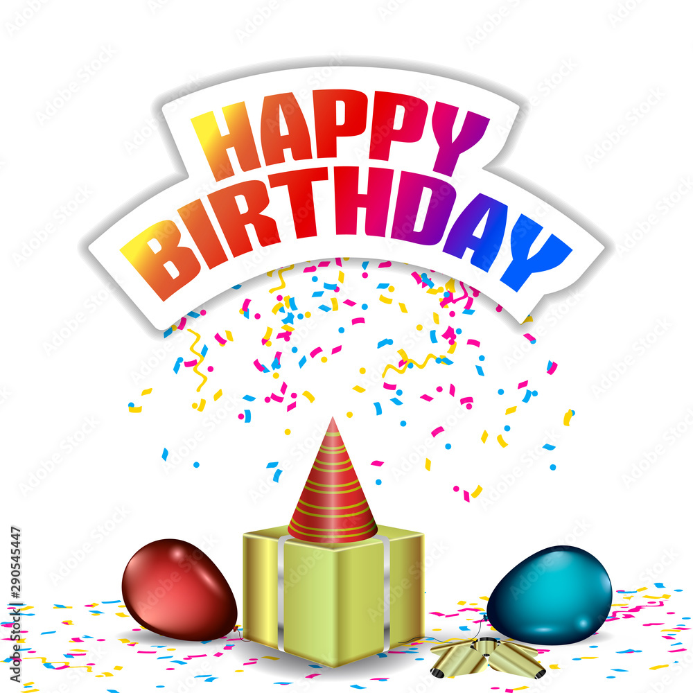 Balloons, gift box and confetti with happy birthday text - Vector