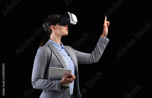 Business Lady In VR Headset Pressing Invisible Button, Black Background