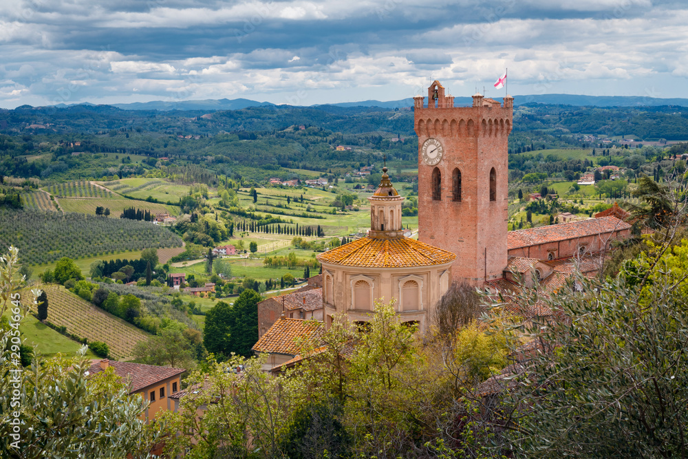 San Miniato town panoramic view, bell tower of the Duomo cathedral and countryside, Italy