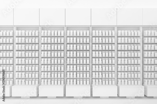 3D Illustration Rendering. Clean Pharmacy views on white backgorund for presentation and mockup blueprints. Architectural visualization of Modern interior design store. - Front