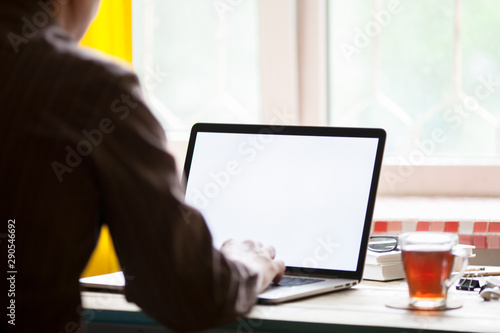 A man sits in front of a laptop. Business mockup.