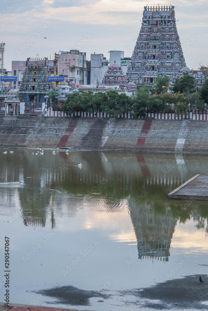 Reflection of Kapaleeswarar Temple in Chennai Tamil Nadu in Lake water