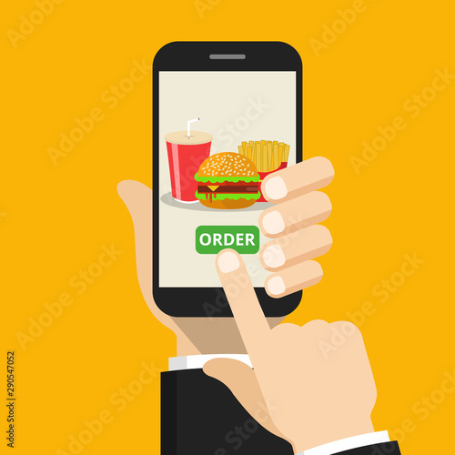 Hand holding smartphone with hamburger, french fries, cola on the screen. Order fast food concept. Flat vector illustration.