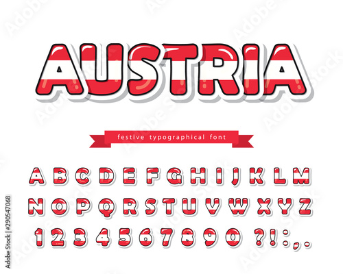Austria cartoon font. Austrian national flag colors. Paper cutout glossy ABC letters and numbers. Bright alphabet for tourism design. Vector