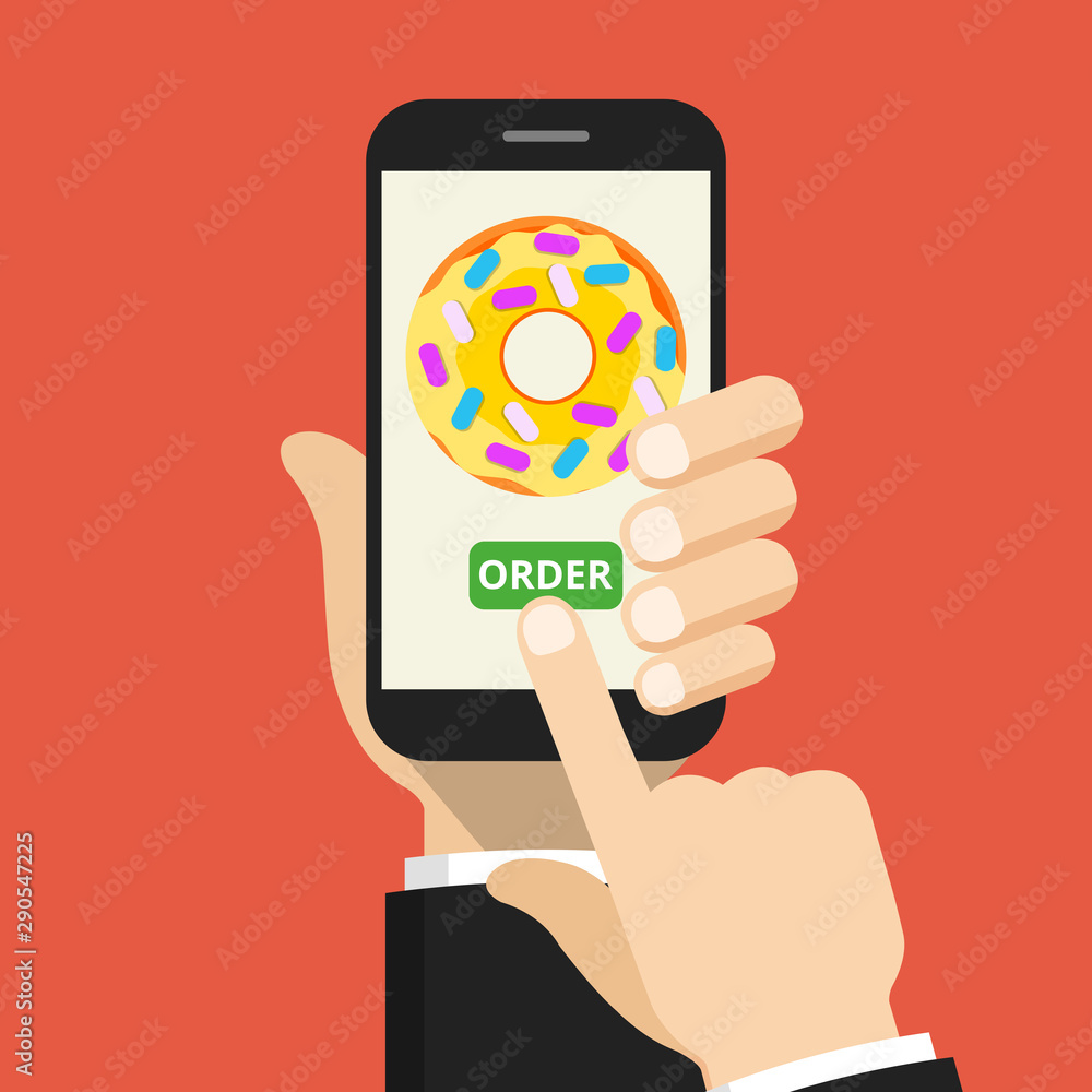 Hand holding smartphone with donut on the screen. Order fast food concept. Flat vector illustration. Hand holding smartphone with donut on the screen. Order fast food concept. Flat vector illustration.