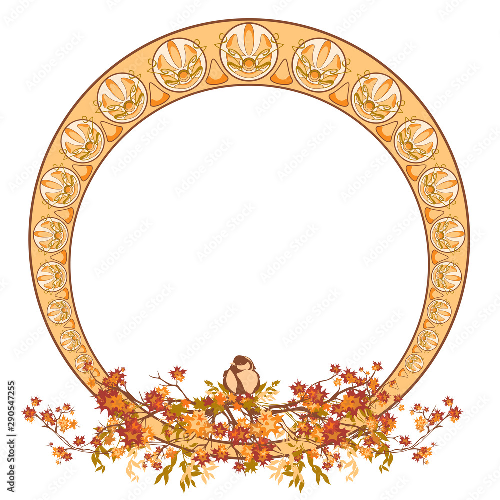elegant circle art nouveau style design with autumn maple branches and bird  - fall season round decorative frame vector Stock Vector | Adobe Stock