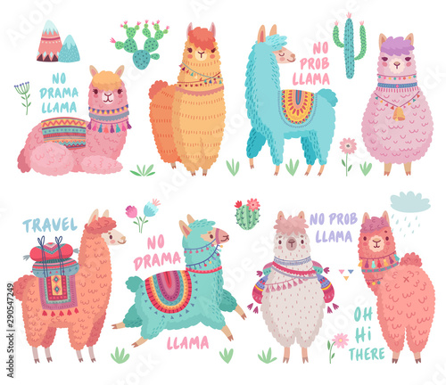 Cute Llamas with funny quotes. Funny hand drawn characters.