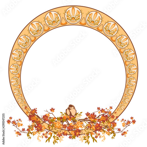 elegant circle art nouveau style design with autumn maple branches and bird - fall season round decorative frame vector