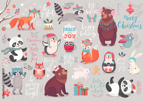 Christmas set, hand drawn style - calligraphy, animals and other elements.