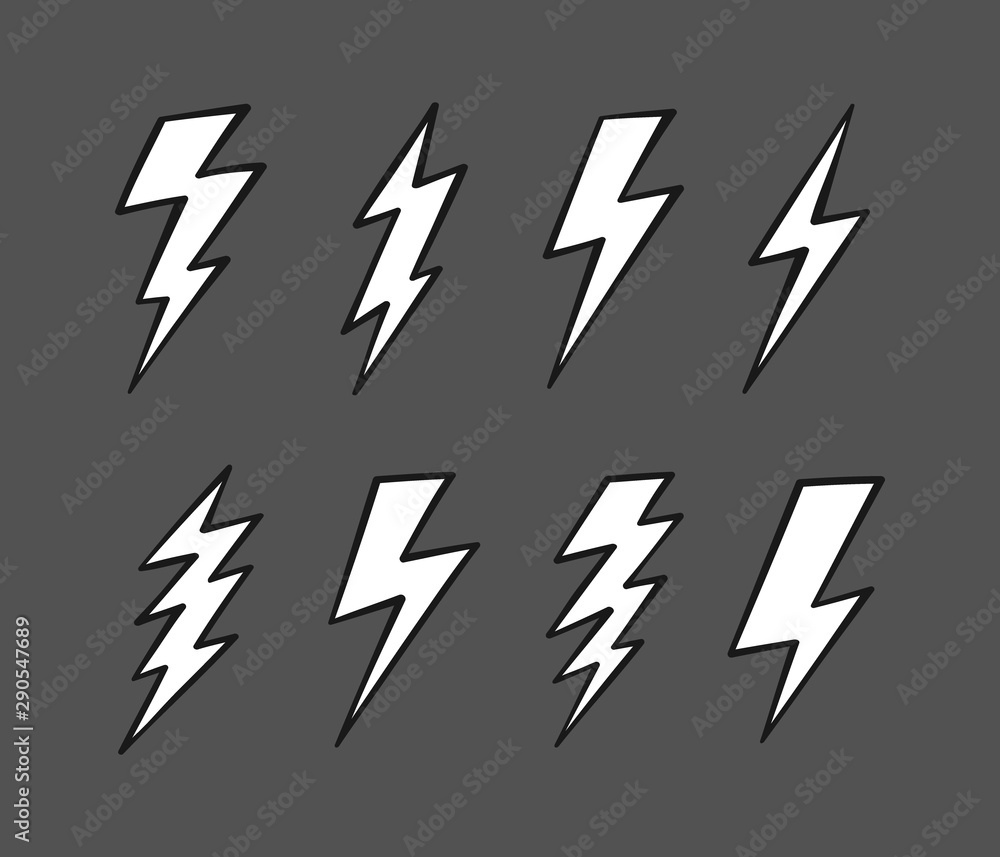 Super Set hand drawn Lightning bolt. Thunderbolt, lightning strike. Modern flat style vector illustration Super Set hand drawn Lightning bolt. Thunderbolt, lightning strike. Modern flat style vector illustration