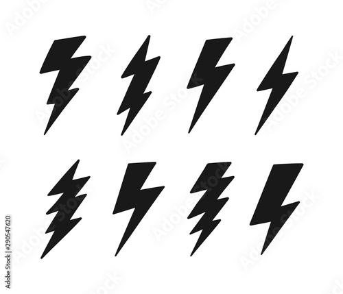 Super Set hand drawn Lightning bolt. Thunderbolt, lightning strike. Modern flat style vector illustration