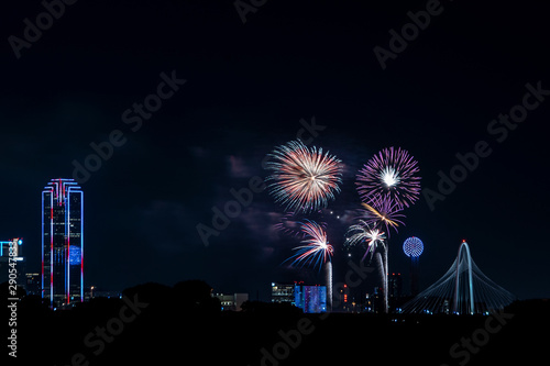 Dallas skyline with fireworks